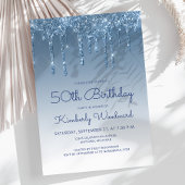 Chic Glitter Drip Blue 50th Birthday Kaart