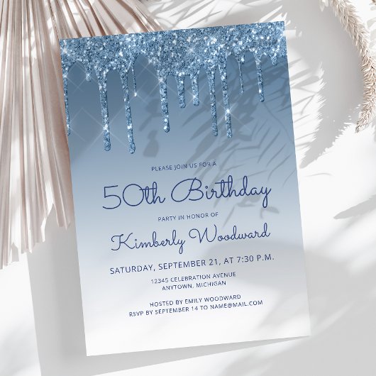Chic Glitter Drip Blue 50th Birthday Kaart