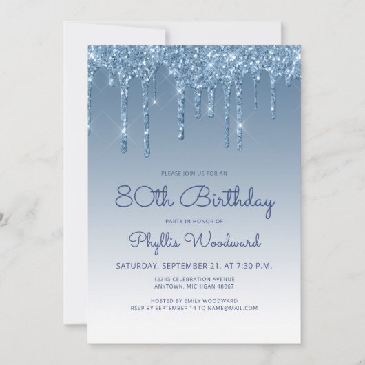 Chic Glitter Drip Blue 80th Birthday Kaart (Voorkant)