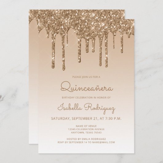Chic Glitter Drip Gold Quinceañera Kaart (Voorkant / Achterkant)