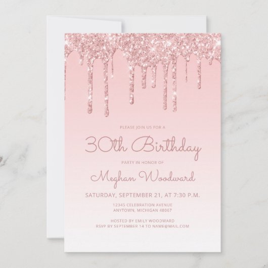 Chic Glitter Drip Pink 30th Birthday Party Kaart (Voorkant)