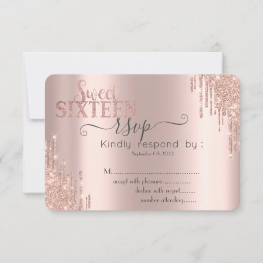 Chic Glitter Drip Roos Gold Sweet 16 RSVP Kaart (Voorkant)