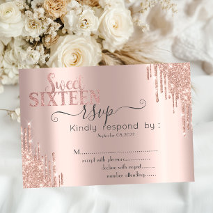 Chic Glitter Drip Roos Gold Sweet 16 RSVP Kaart