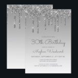Chic Glitter Drip Silver 30th Birthday Kaart<br><div class="desc">Deze trendy 30e verjaardagsuitnodiging is voorzien van een dunne zilveren faux glitter drip border en blauwe ombre background. De woorden "30th Birthday" en de naam van de gast van eer verschijnen in casual zilver grijs handschrift script, met de rest van de aanpasbare tekst in sans serif doopvont. Aan de achterzijde...</div>