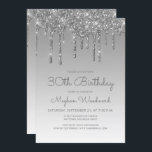 Chic Glitter Drip Silver 30th Birthday Kaart<br><div class="desc">Deze trendy 30e verjaardagsuitnodiging is voorzien van een dunne zilveren faux glitter drip border en blauwe ombre background. De woorden "30th Birthday" en de naam van de gast van eer verschijnen in casual zilver grijs handschrift script, met de rest van de aanpasbare tekst in sans serif doopvont. Aan de achterzijde...</div>
