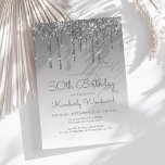 Chic Glitter Drip Silver 50th Birthday Kaart<br><div class="desc">Deze trendy 50ste verjaardagsuitnodiging is voorzien van een dunne zilveren faux glitter drip border en blauwe ombre background. De woorden "50th Birthday" en de naam van de gast van eer verschijnen in casual zilvergrijs handschrift script, met de rest van de aanpasbare tekst in sans serif doopvont. Aan de achterzijde wordt...</div>