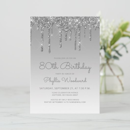 Chic Glitter Drip Silver 80th Birthday Kaart (Staand voorkant)