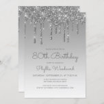 Chic Glitter Drip Silver 80th Birthday Kaart<br><div class="desc">Deze trendy 80ste verjaardagsuitnodiging is voorzien van een dunne zilveren faux glitter drip border en blauwe ombre background. De woorden "80th Birthday" en de naam van de gast van eer verschijnen in casual zilvergrijs handschrift script, met de rest van de aanpasbare tekst in sans serif doopvont. Aan de achterzijde wordt...</div>