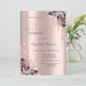 Chic Glitter Drips Bloemen Roze Goud Bat Mitzvah   Kaart (Staand voorkant)