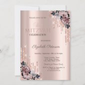Chic Glitter Drips Bloemen Roze Gouden Bat Mitzvah Kaart (Voorkant)
