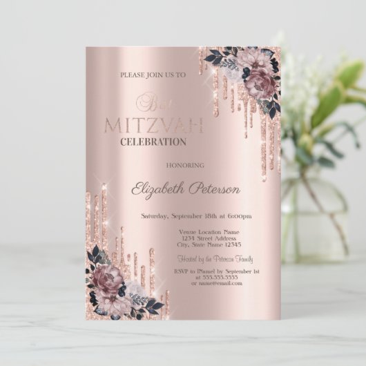 Chic Glitter Drips Bloemen Roze Gouden Bat Mitzvah Kaart (Staand voorkant)