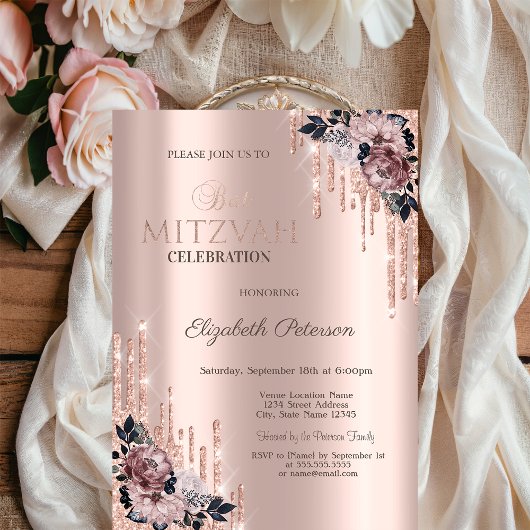 Chic Glitter Drips Bloemen Roze Gouden Bat Mitzvah Kaart