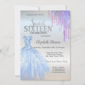Chic Glitter Drips, Blue Dress Silver Sweet 16 Kaart (Voorkant)