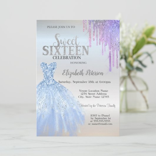 Chic Glitter Drips, Blue Dress Silver Sweet 16 Kaart (Staand voorkant)