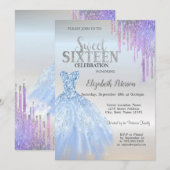 Chic Glitter Drips, Blue Dress Silver Sweet 16 Kaart (Voorkant / Achterkant)