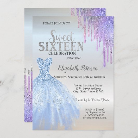 Chic Glitter Drips, Blue Dress Silver Sweet 16 Kaart (Voorkant / Achterkant)