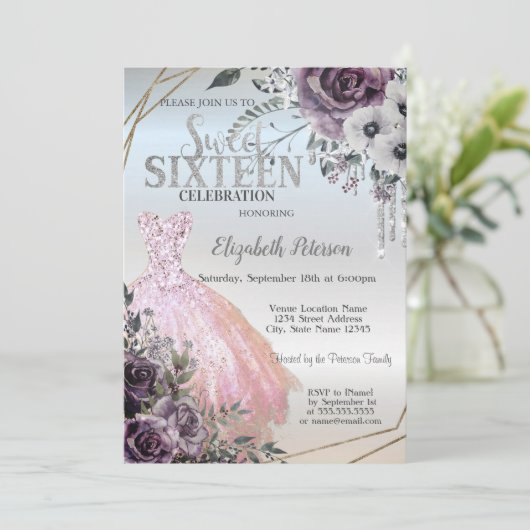 Chic Glitter Drips, Dress Flowers Sweet 16 Kaart (Staand voorkant)