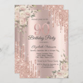 Chic Glitter Drips, Flowers Roos Gold 90th Verjaar Kaart (Voorkant / Achterkant)