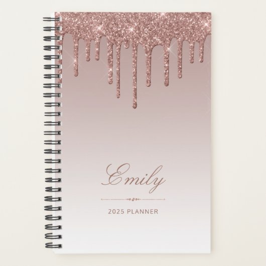 Chic Glitter Drips Roos Goud Gepersonaliseerd 2025 Planner (Voorkant)
