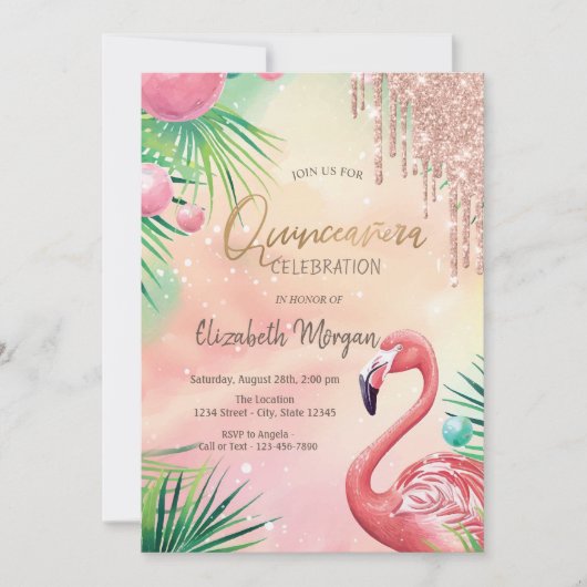 Chic Glitter Drips Roze Flamingo's Quinceañera Kaart (Voorkant)