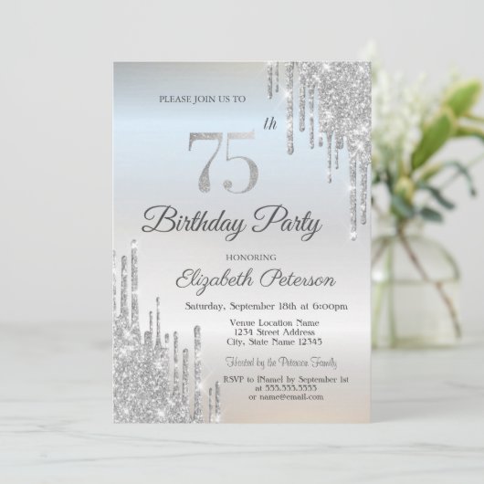 Chic Glitter Drips Silver 75th Birthday Kaart (Staand voorkant)