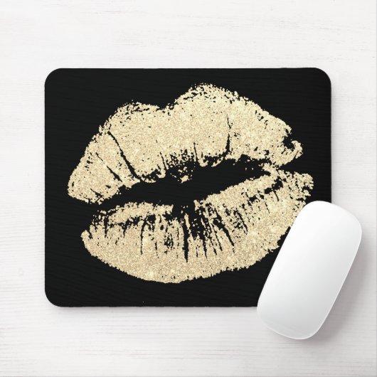 Chic Glitter Effect Gold Lips Black Mousepad Muismat (Met muis)