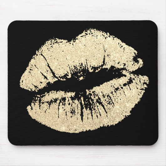 Chic Glitter Effect Gold Lips Black Mousepad Muismat (Voorkant)