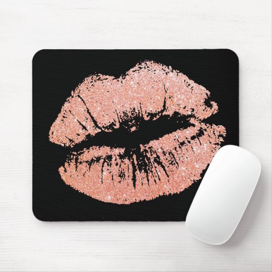 Chic Glitter Effect Rose-Gold Lips Black Mousepad Muismat (Met muis)