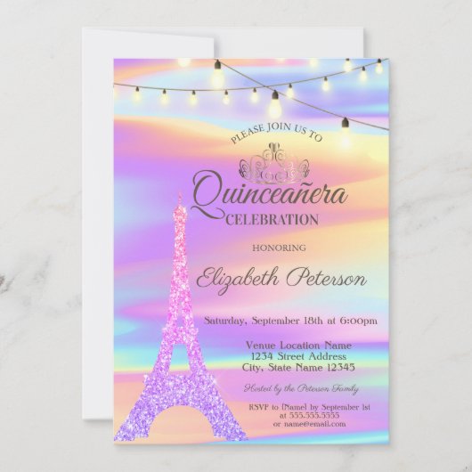 Chic Glitter Eiffel Tower Holographic Quinceañera Kaart (Voorkant)
