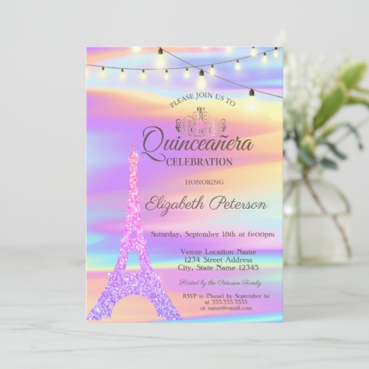 Chic Glitter Eiffel Tower Holographic Quinceañera Kaart (Staand voorkant)