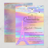 Chic Glitter Eiffel Tower Holographic Quinceañera Kaart (Voorkant / Achterkant)