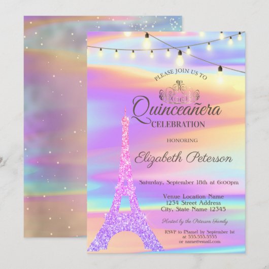 Chic Glitter Eiffel Tower Holographic Quinceañera Kaart (Voorkant / Achterkant)