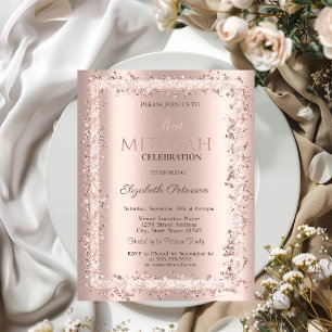 Chic Glitter Frame Roze Goud Bat Mitzvah Kaart