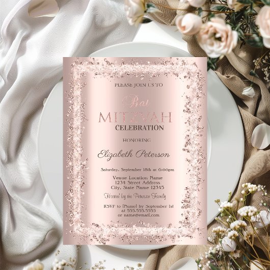 Chic Glitter Frame Roze Goud Bat Mitzvah Kaart