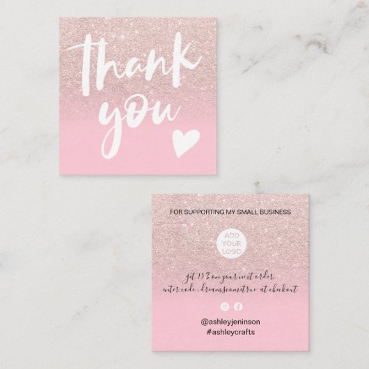 Chic glitter girale roze elegant modern bedankt vierkante visitekaartje (Voorkant / Achterkant)