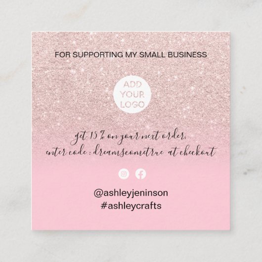 Chic glitter girale roze elegant modern bedankt vierkante visitekaartje (Achterkant)