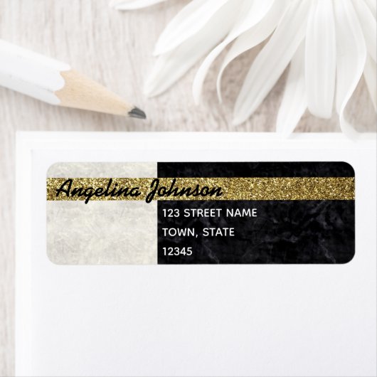 Chic Glitter Gold Black en White Return Address Etiket (Insitu)