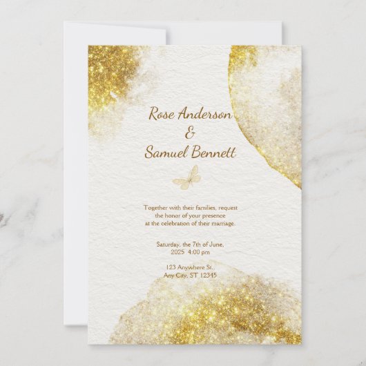 Chic Glitter Gouden Huwelijksuitnodiging Kaart (Voorkant)