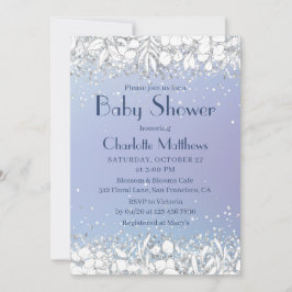 Chic Glitter Modern Floral Blue Boy Baby shower Kaart