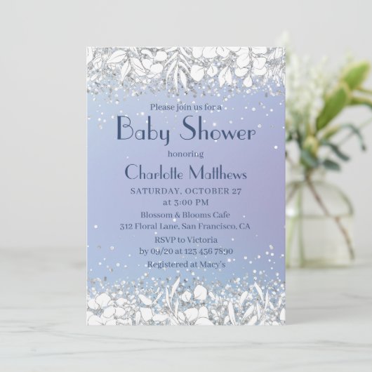 Chic Glitter Modern Floral Blue Boy Baby shower Kaart (Staand voorkant)