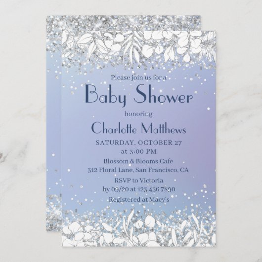 Chic Glitter Modern Floral Blue Boy Baby shower Kaart (Voorkant / Achterkant)