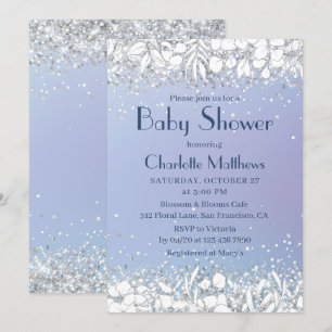 Chic Glitter Modern Floral Blue Boy Baby shower Kaart