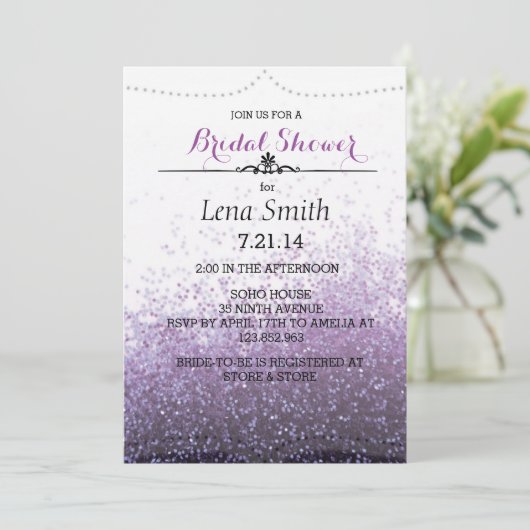 Chic Glitter Paarse Bridal Couple Shower Invite Kaart (Staand voorkant)