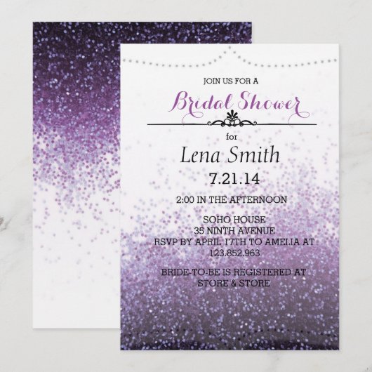 Chic Glitter Paarse Bridal Couple Shower Invite Kaart (Voorkant / Achterkant)