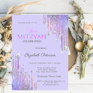 Chic Glitter Paarse Druppels Lavendel Bat Mitzvah Kaart