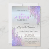 Chic Glitter Paarse Druppels Zilver Bat Mitzvah Kaart (Voorkant)