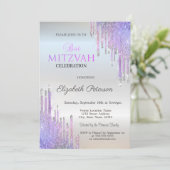 Chic Glitter Paarse Druppels Zilver Bat Mitzvah Kaart (Staand voorkant)