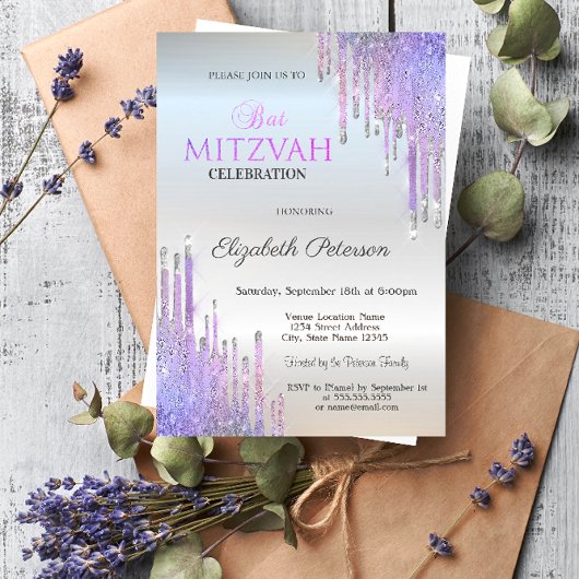 Chic Glitter Paarse Druppels Zilver Bat Mitzvah Kaart