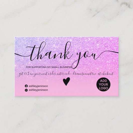 Chic glitter roze ombre paarse order bedankt visitekaartje (Voorkant)
