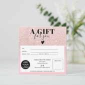 Chic glitter roze vierkant cadeaubon logo (Staand voorkant)